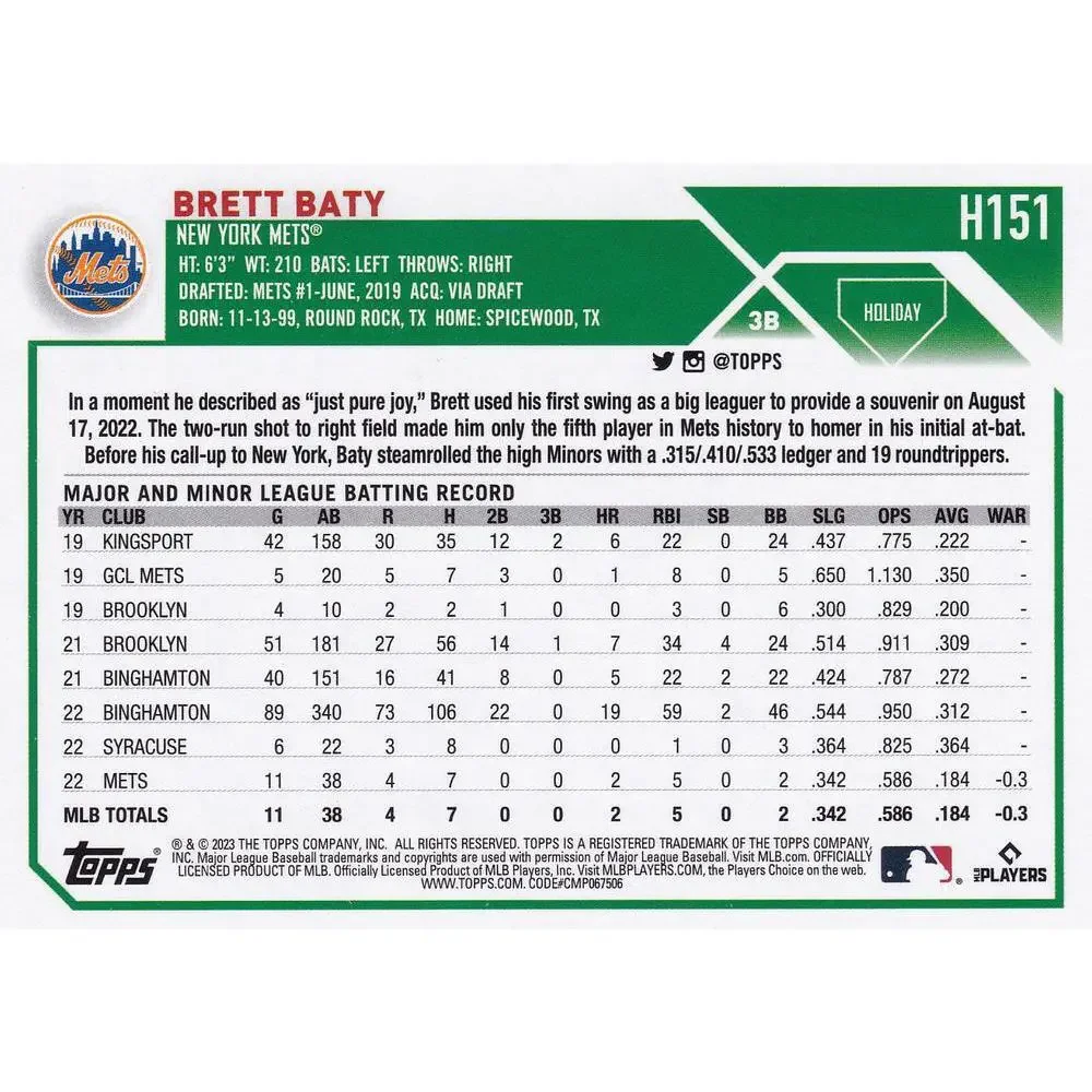 2023 Topps Holiday Brett Baty RC H151 New York Mets